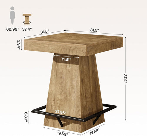31.5-Inch Square Bar Table with 37.4-Inch Height and Metal Footrest for Dining Room and Bistro