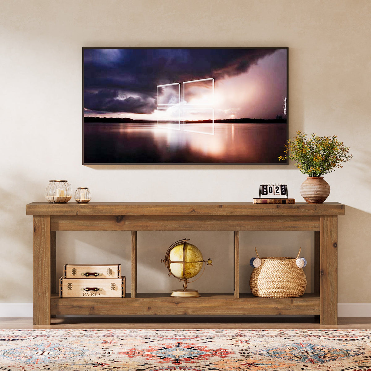 63-Inch Solid Wood TV Stand with 3 Open Storage Shelves, Farmhouse Entertainment Center for TVs up to 75 Inches