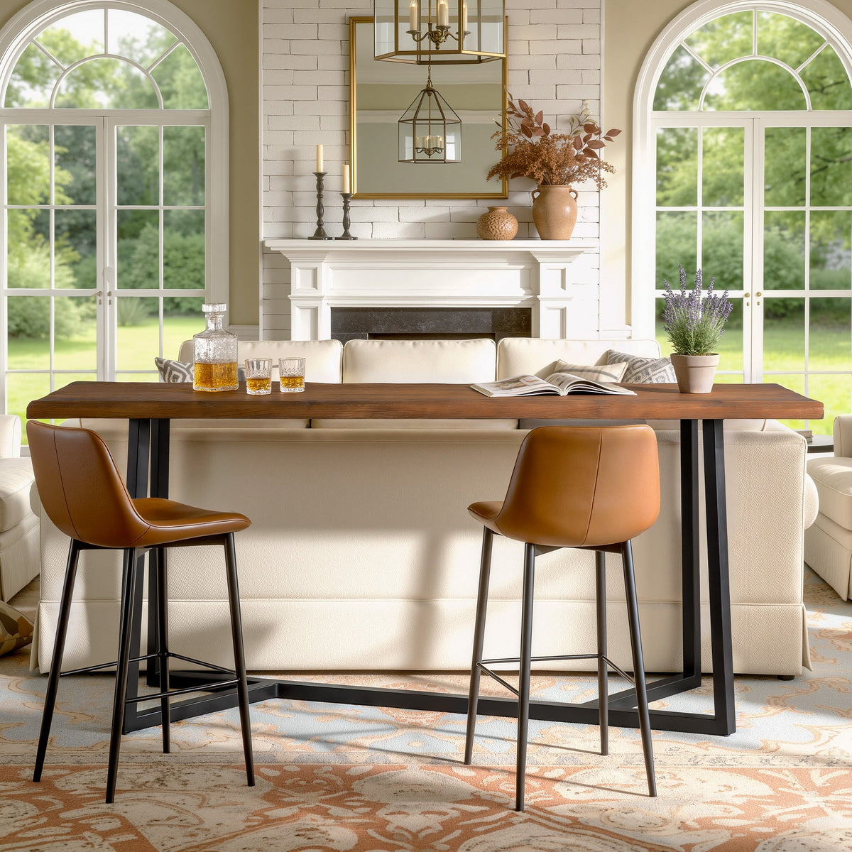 63-Inch Solid Wood Bar Table with Metal Frame, Counter Height Pub Table for Kitchen