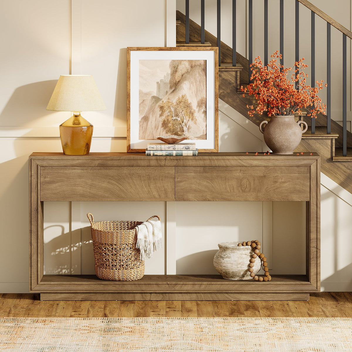 63-Inch Console Table with 2 Drawers, Farmhouse Entryway Table with Storage for Hallway