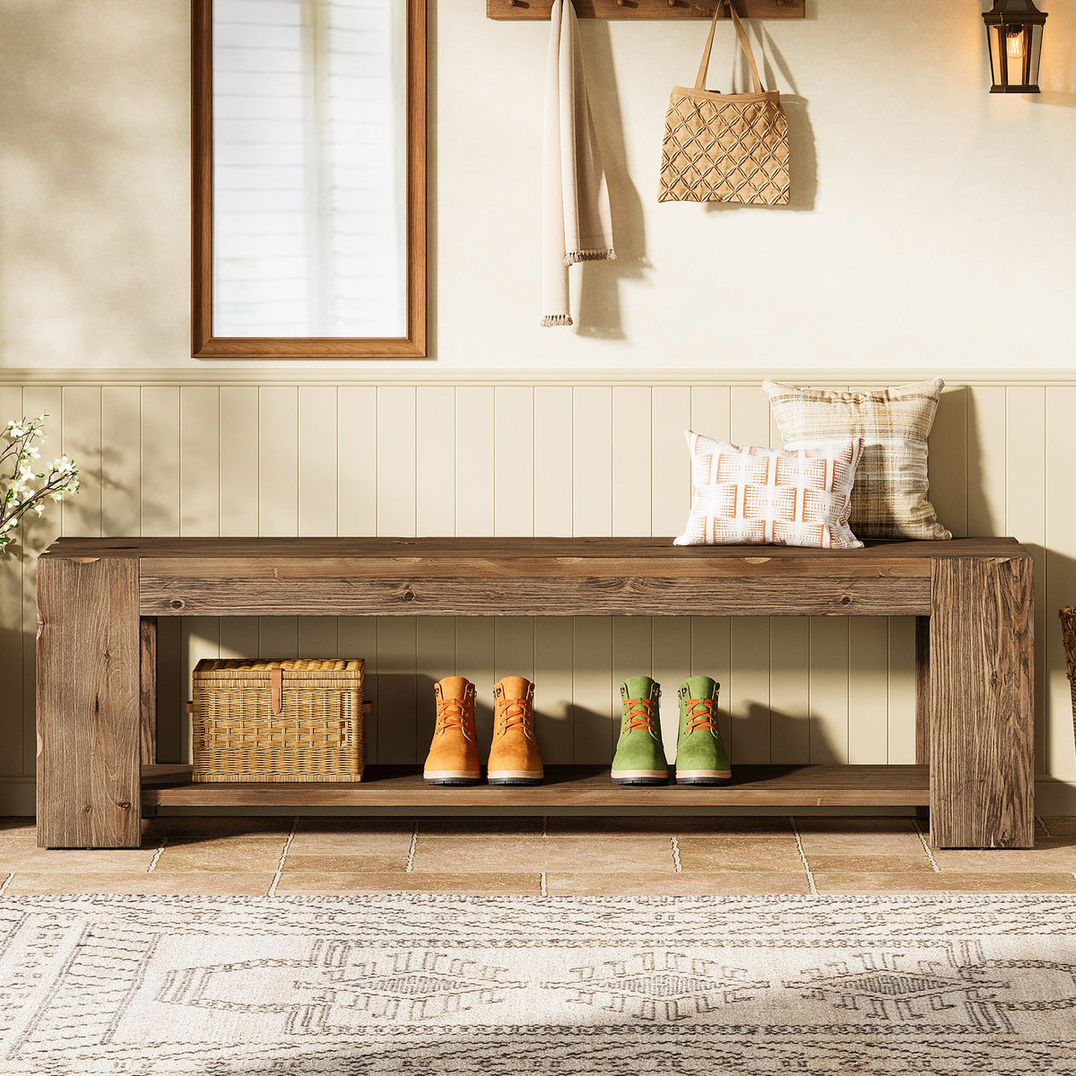 55.12 Inch Solid Wood Entryway Bench with Storage Shelf, Rustic Shoe Bench for Hallway
