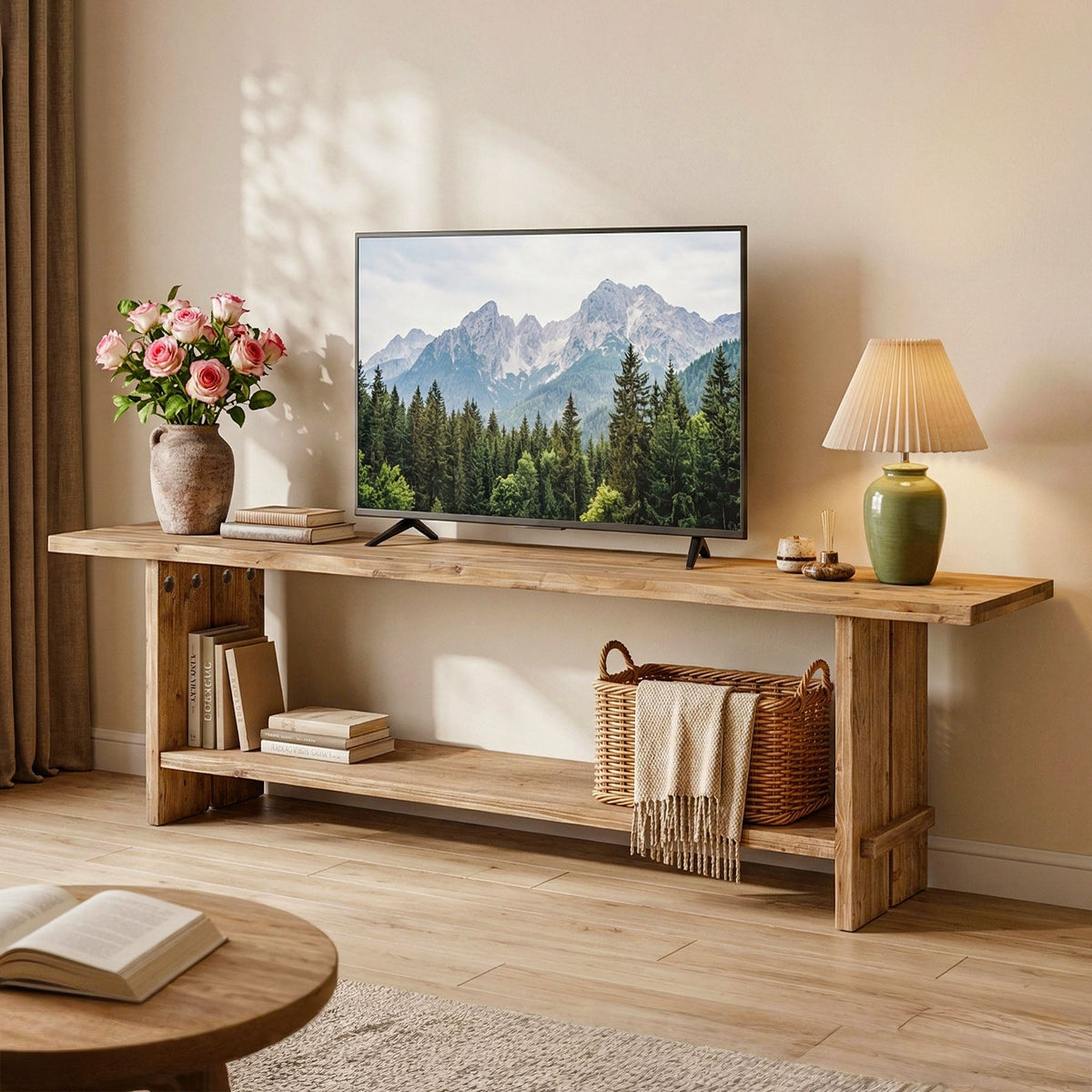 71 Inch Solid Wood TV Stand with 2-Tier Storage, Media Console for 55 to 85 Inch TVs