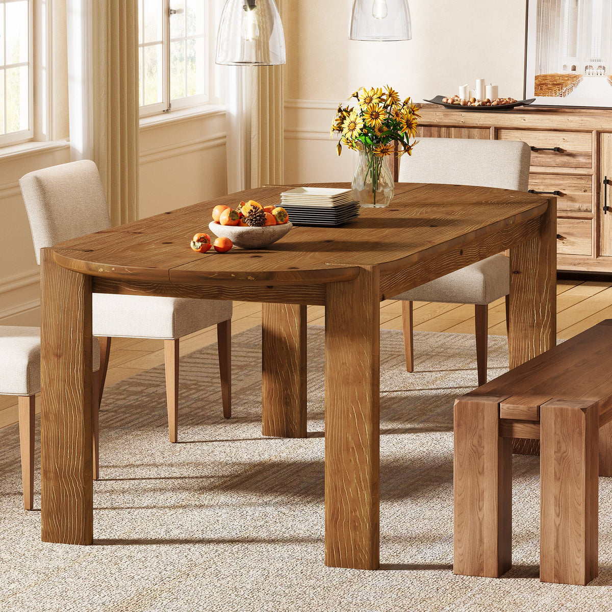 63-Inch Solid Wood Oval Dining Table, Farmhouse Dinner Table with Sturdy Base for 4-6