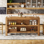 63-Inch Farmhouse Kitchen Island, Solid Wood Island Table with Open Storage Shelves