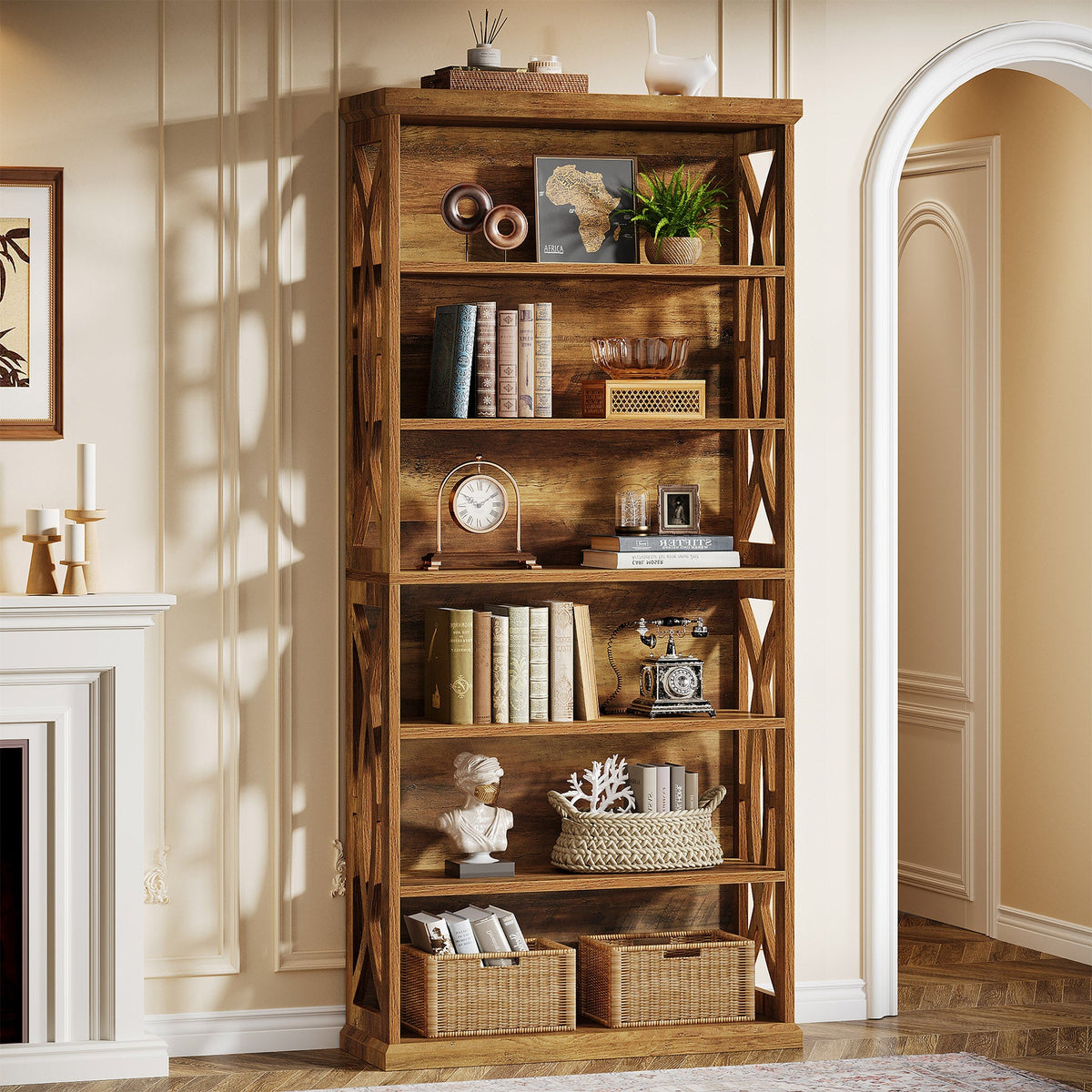 70.8-Inch Tall Bookshelf, 6-Tier Rustic Wooden Bookcase with Anti-Tipping Kit