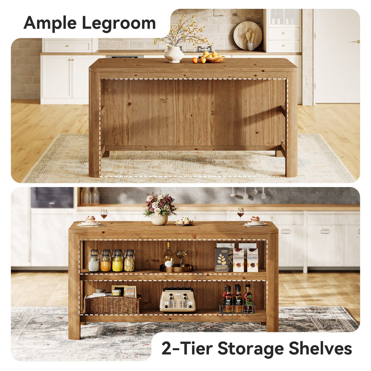 63-Inch Farmhouse Kitchen Island, Solid Wood Island Table with Open Storage Shelves
