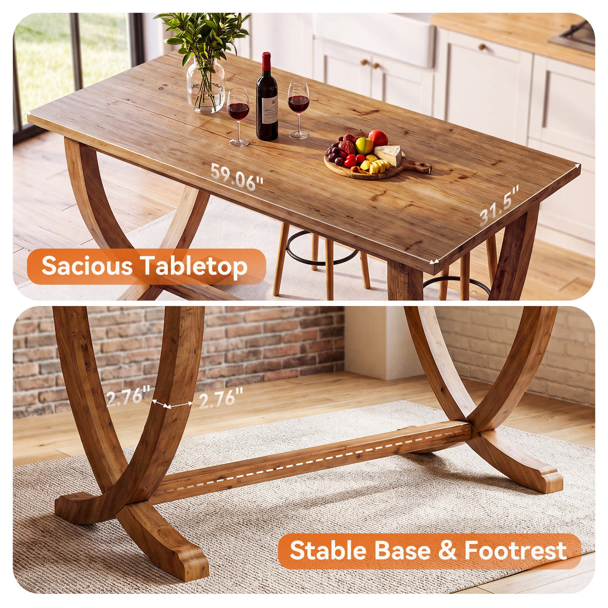 59 Inch Solid Wood Counter Height Dining Table with Footrest, Farmhouse Bar Table for 4-6