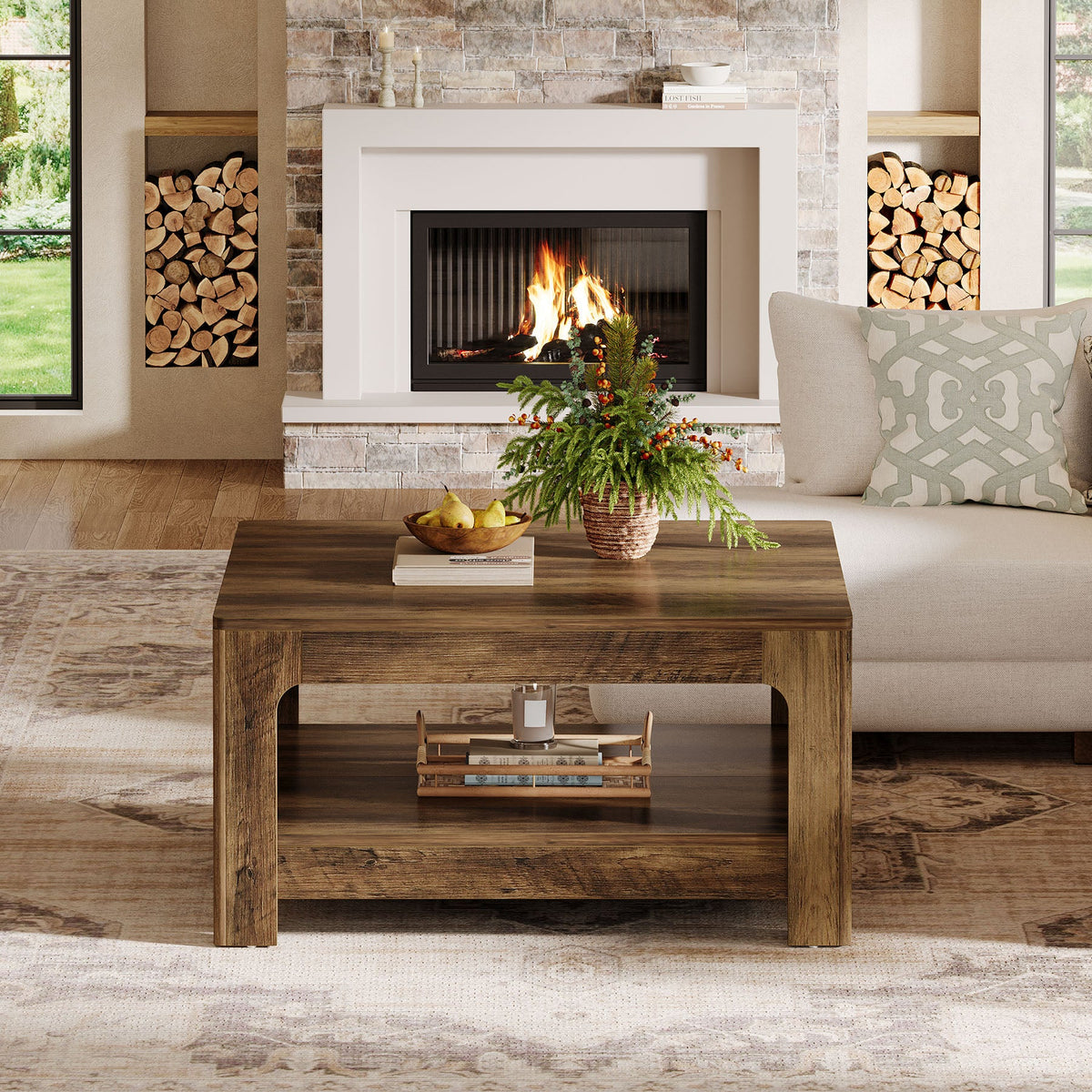 39.4-Inch Square Coffee Table, Large Farmhouse Center Table with Storage Shelf for Living Room