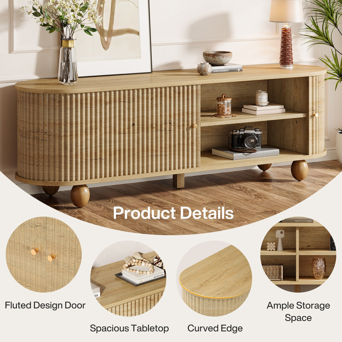 70.8-Inch Farmhouse Fluted TV Stand with Sliding Doors and Storage Shelves, Extra Long Media Console for 65 70 and 75 Inch TVs
