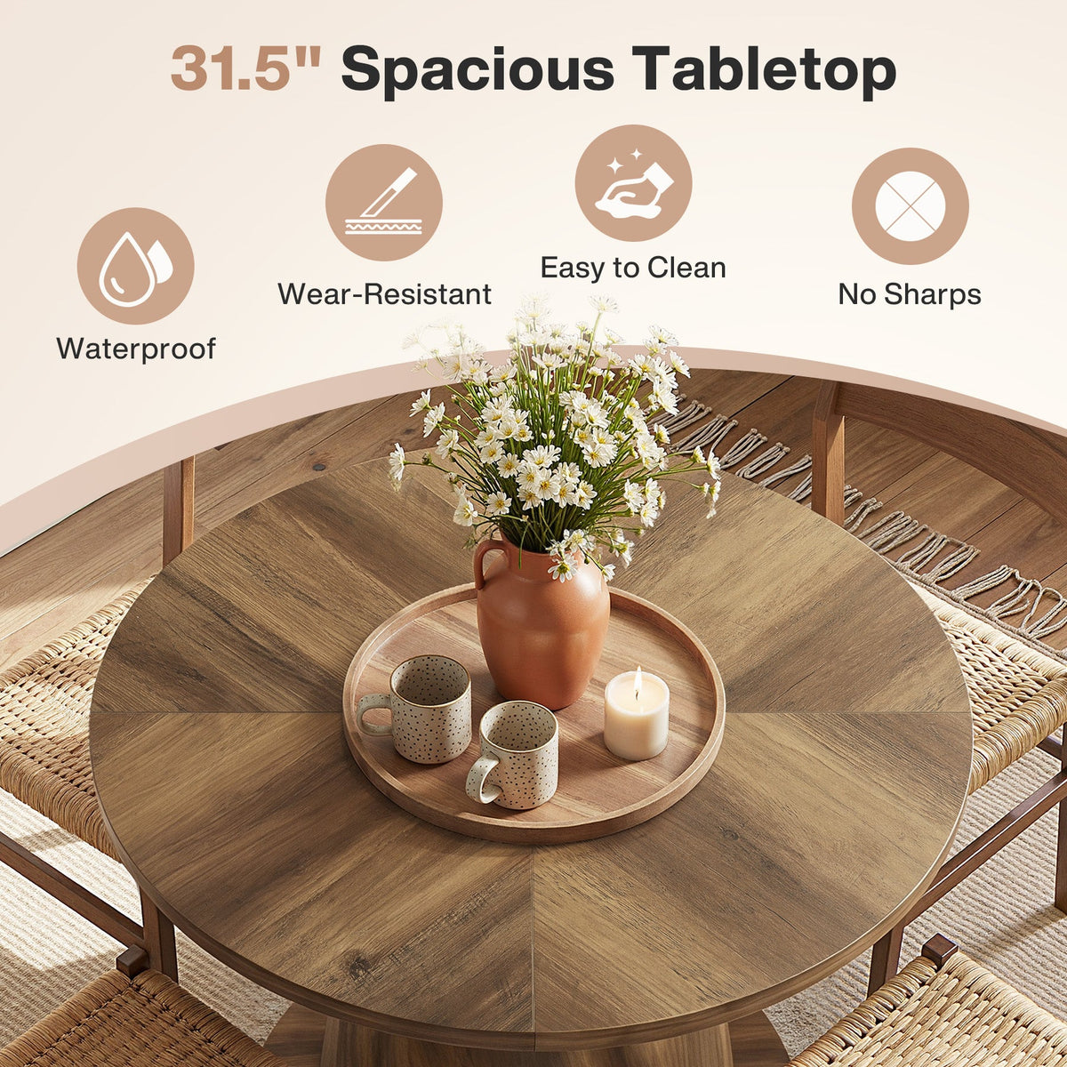 31.5-Inch Small Round Dining Table with Pedestal Base, Mid-Century Kitchen Table for 2 to 4 People