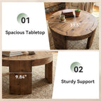 31.5 Inch Solid Wood Round Coffee Table with Integrated Tabletop, Farmhouse Center Table for Living Room
