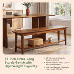 55-Inch Farmhouse Bench with Storage Shelf, Wooden Dining Seating for Kitchen Dining Room and Patio