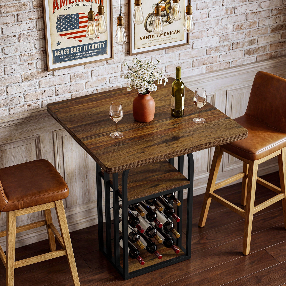 35.43-Inch Square Bistro Pub Table with Wine Rack, Home Bar Table for Kitchen and Living Room
