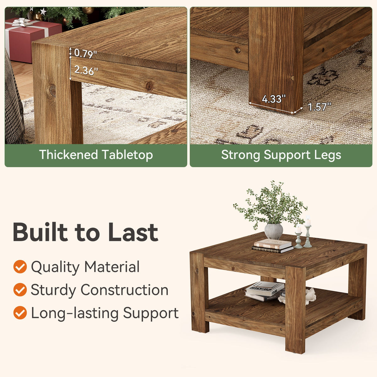 31.5-Inch Square Farmhouse Coffee Table with Storage Shelf, Solid Wood Center Table for Living Room