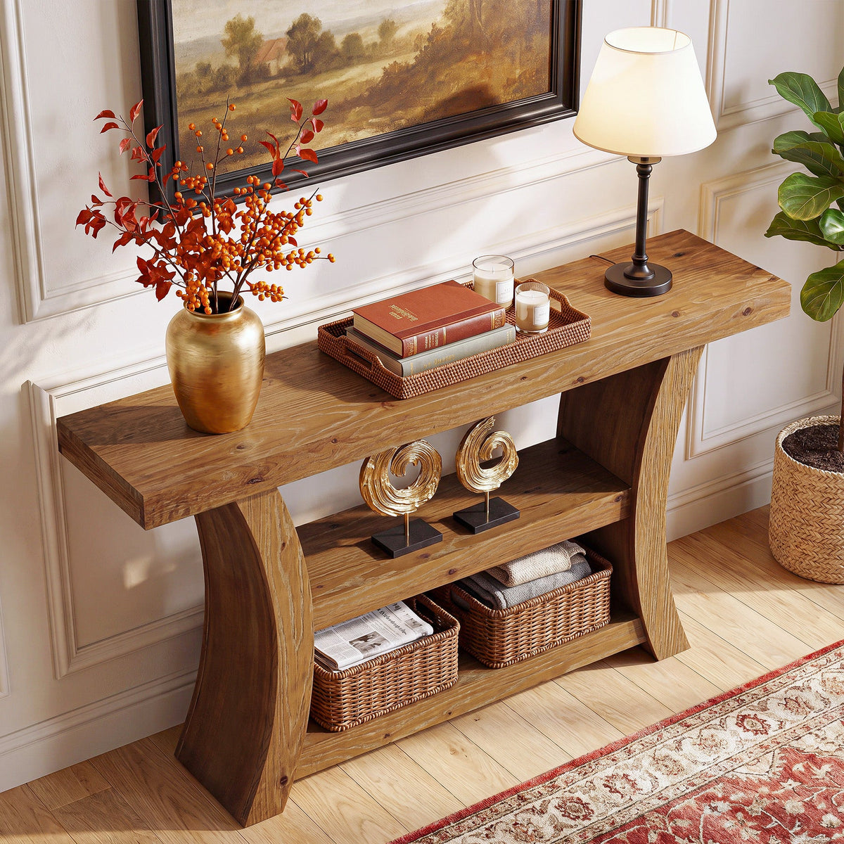 55-Inch Solid Wood Console Table with 3-Tier Storage, Curved Entryway Table for Hallway