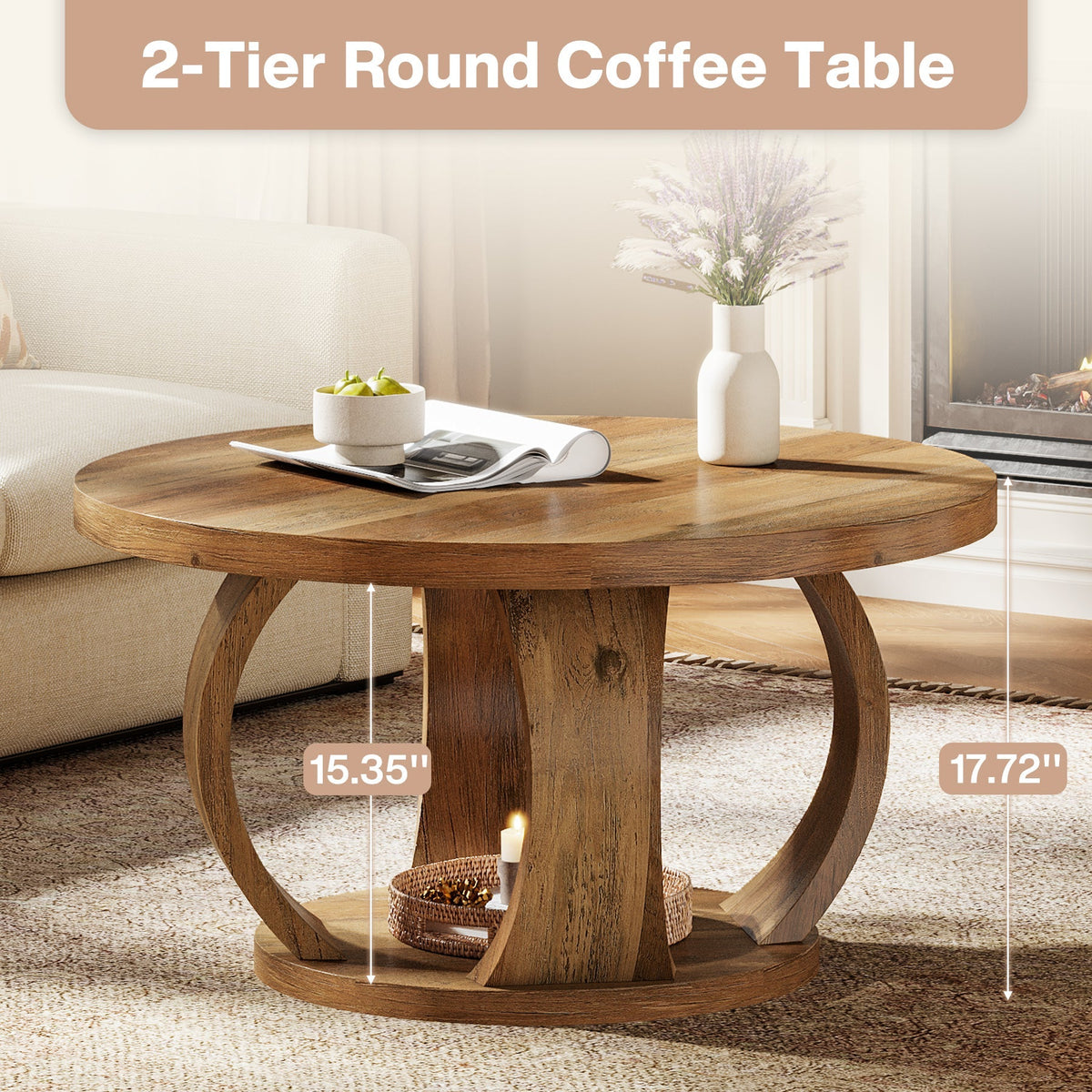 31.5" Wooden Circle Coffee Table, 2-Tier Storage for Small Spaces
