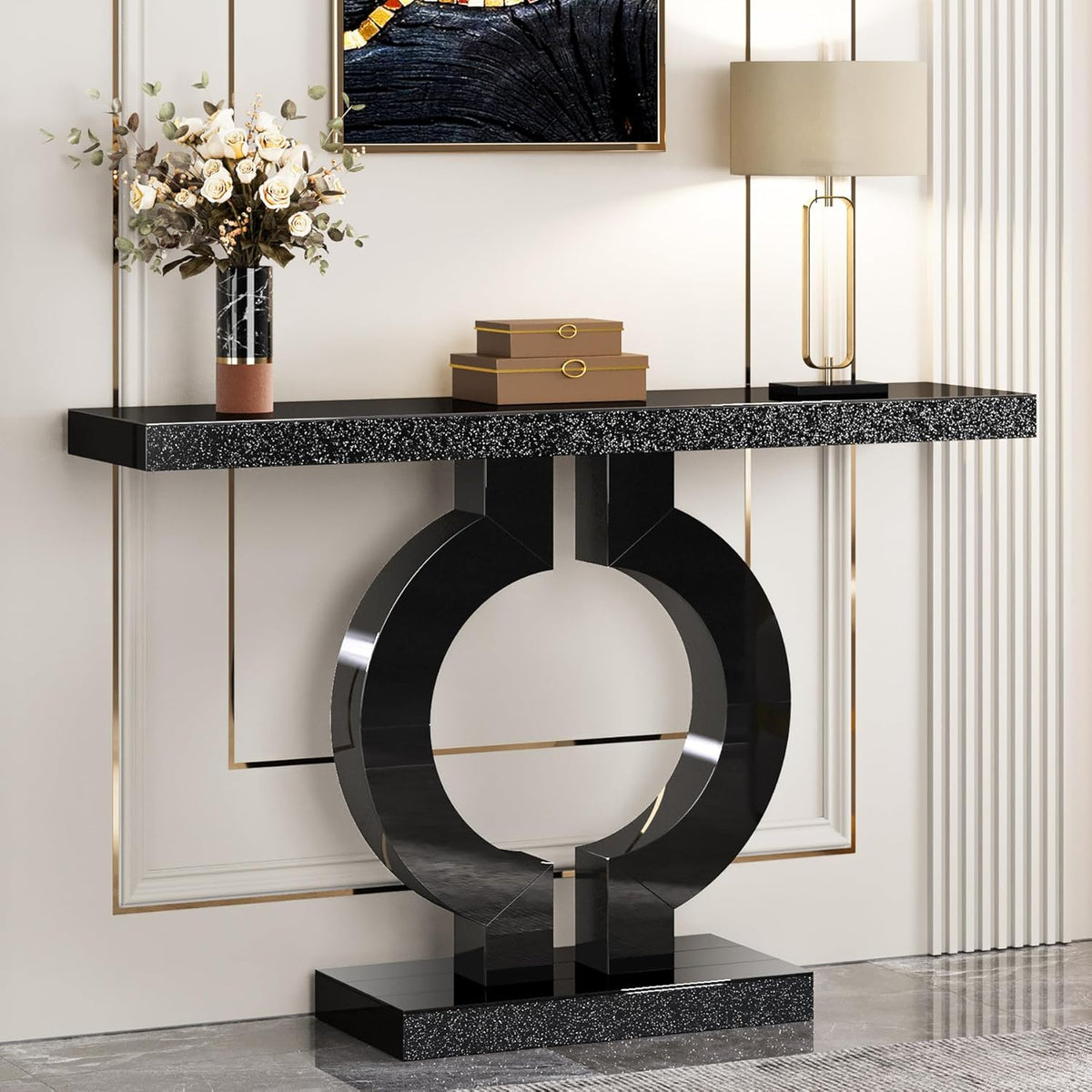 43.1-Inch Mirrored Console Table with O-Shaped Base, Narrow Hallway Table in Black