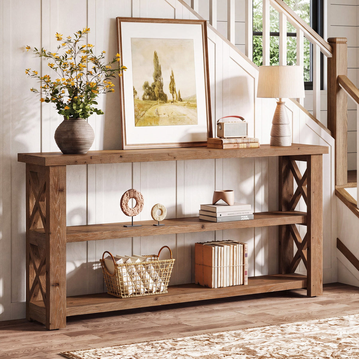 63 Inch Solid Wood Console Table with X-Frame, 3-Tier Hallway Table for Living Room
