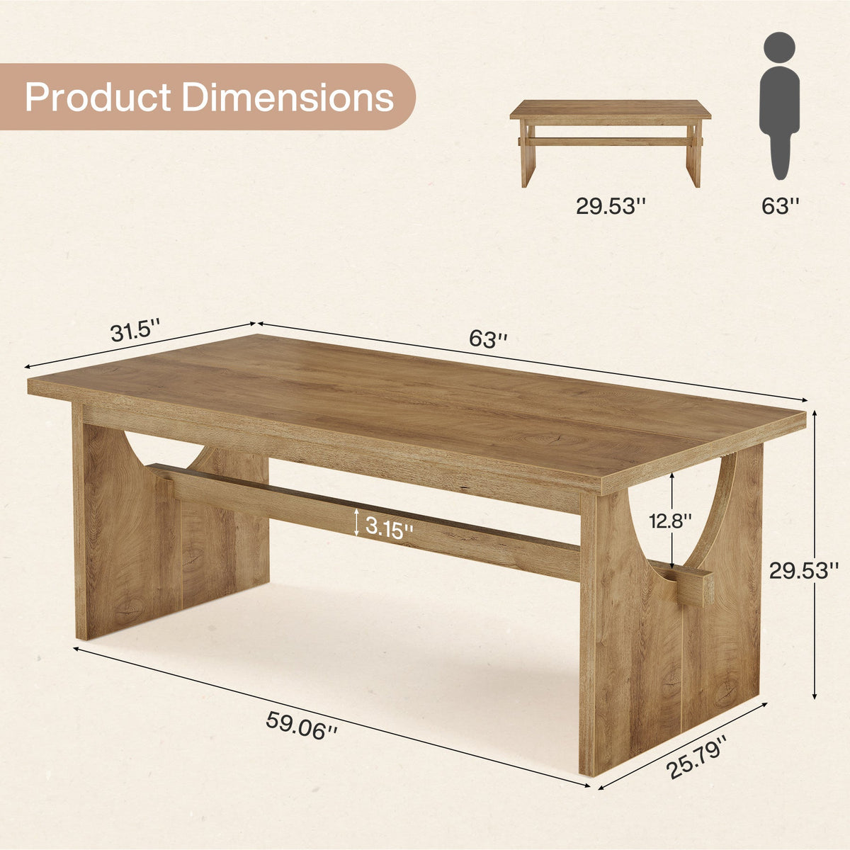 63-Inch Farmhouse Dining Table for 4 to 6 People with Heavy Duty Double Base