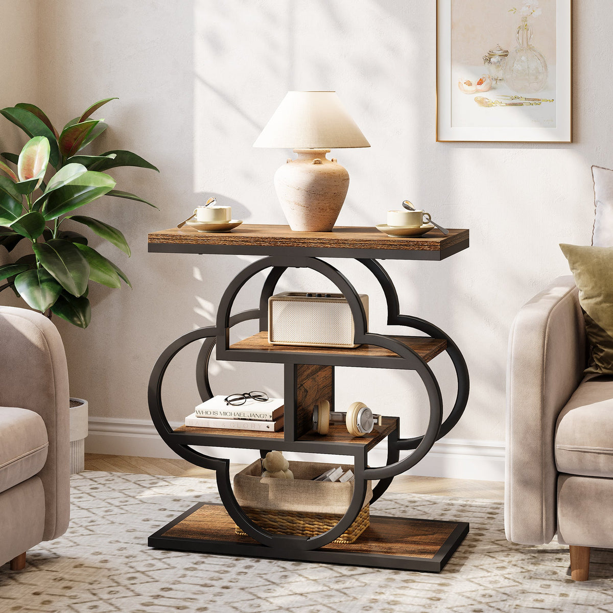 4-Tier Narrow Side Table with Curved Metal Frame and Storage Shelves