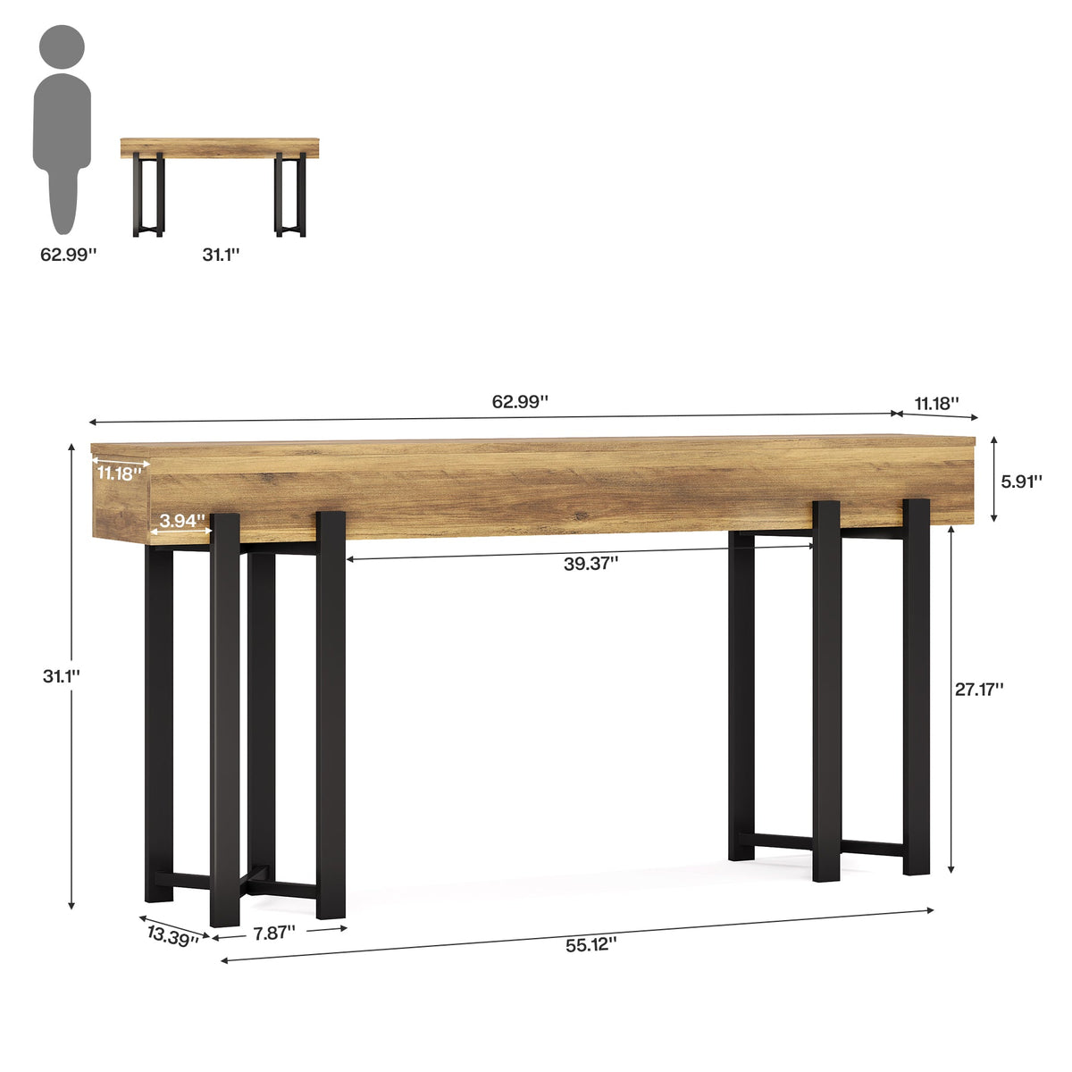 63" Industrial Console Table with Metal Frame, Wooden Sofa Table for Entryway and Living Room