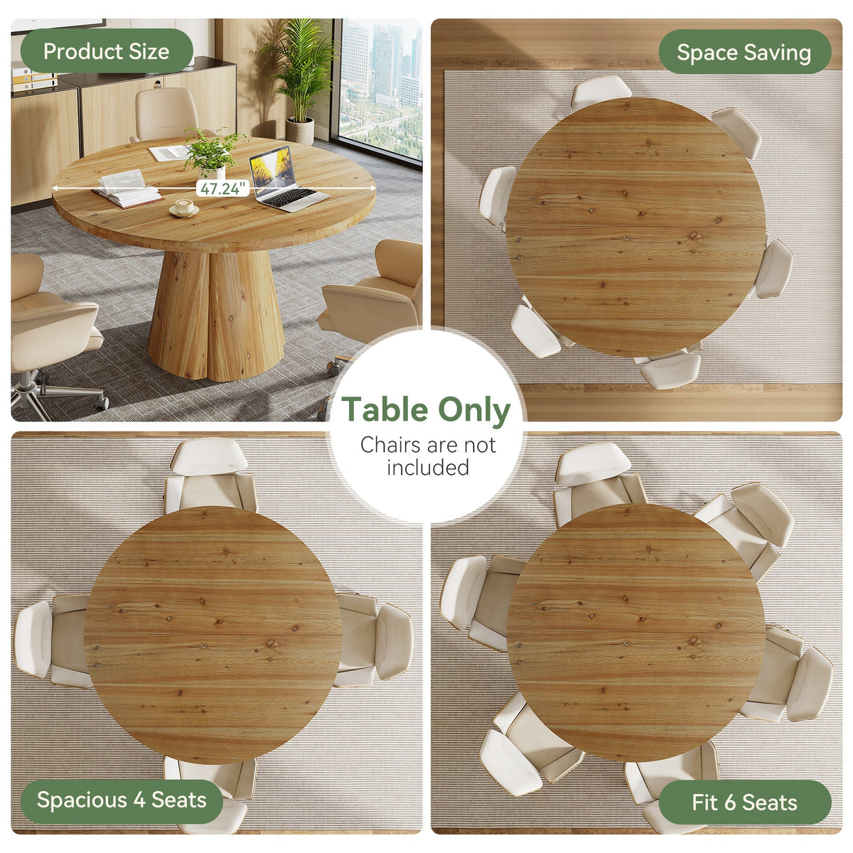 47.24-Inch Solid Wood Conference Table, Rustic Round Meeting Table with Pedestal Base for Office
