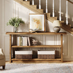 63-Inch Solid Wood Console Table with 3-Tier Open Storage, Rustic Pinewood Entryway Table for Hallway