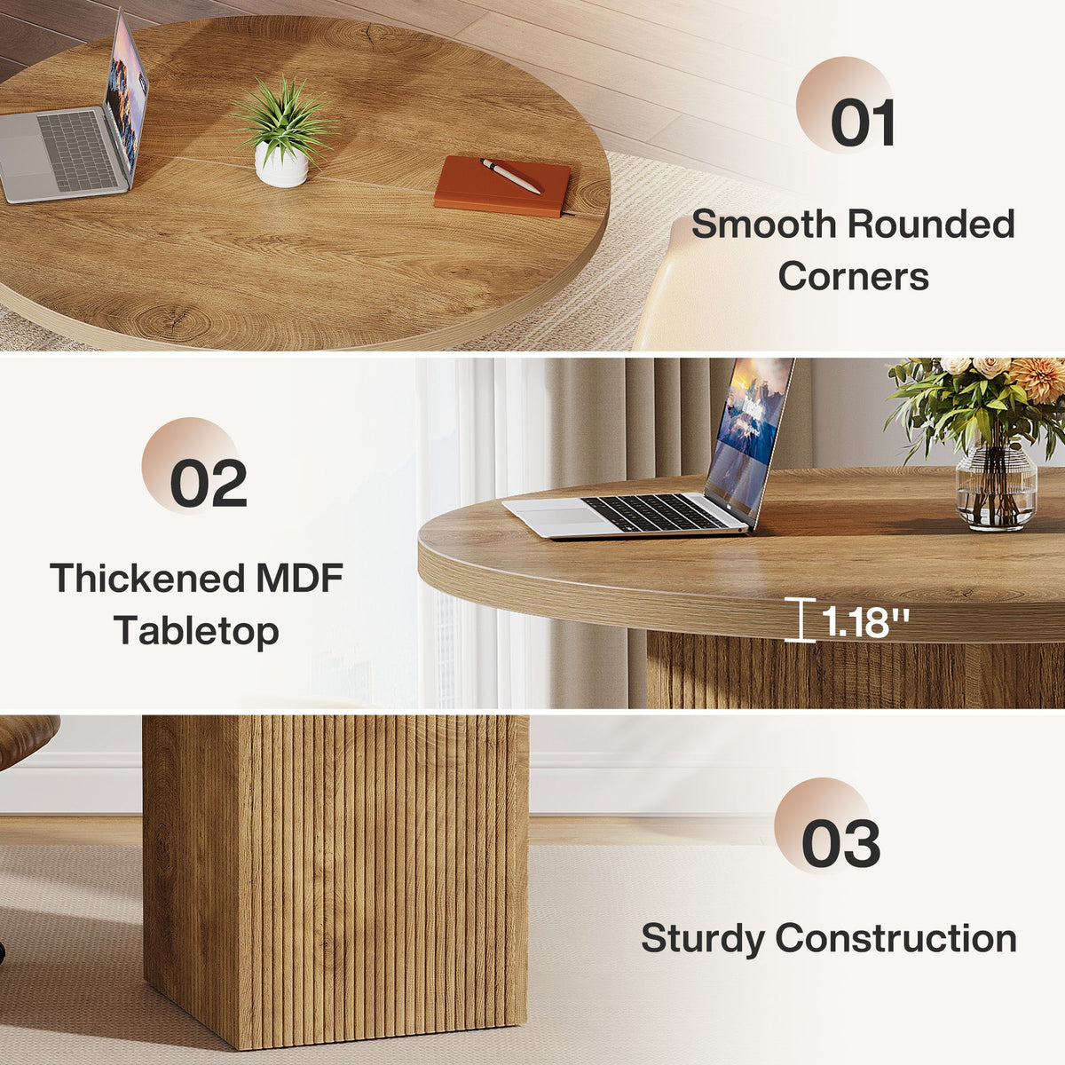 31.5-Inch Round Conference Table with Fluted Pedestal Base, Small Office Meeting Table for Conference Room Study and Home Office