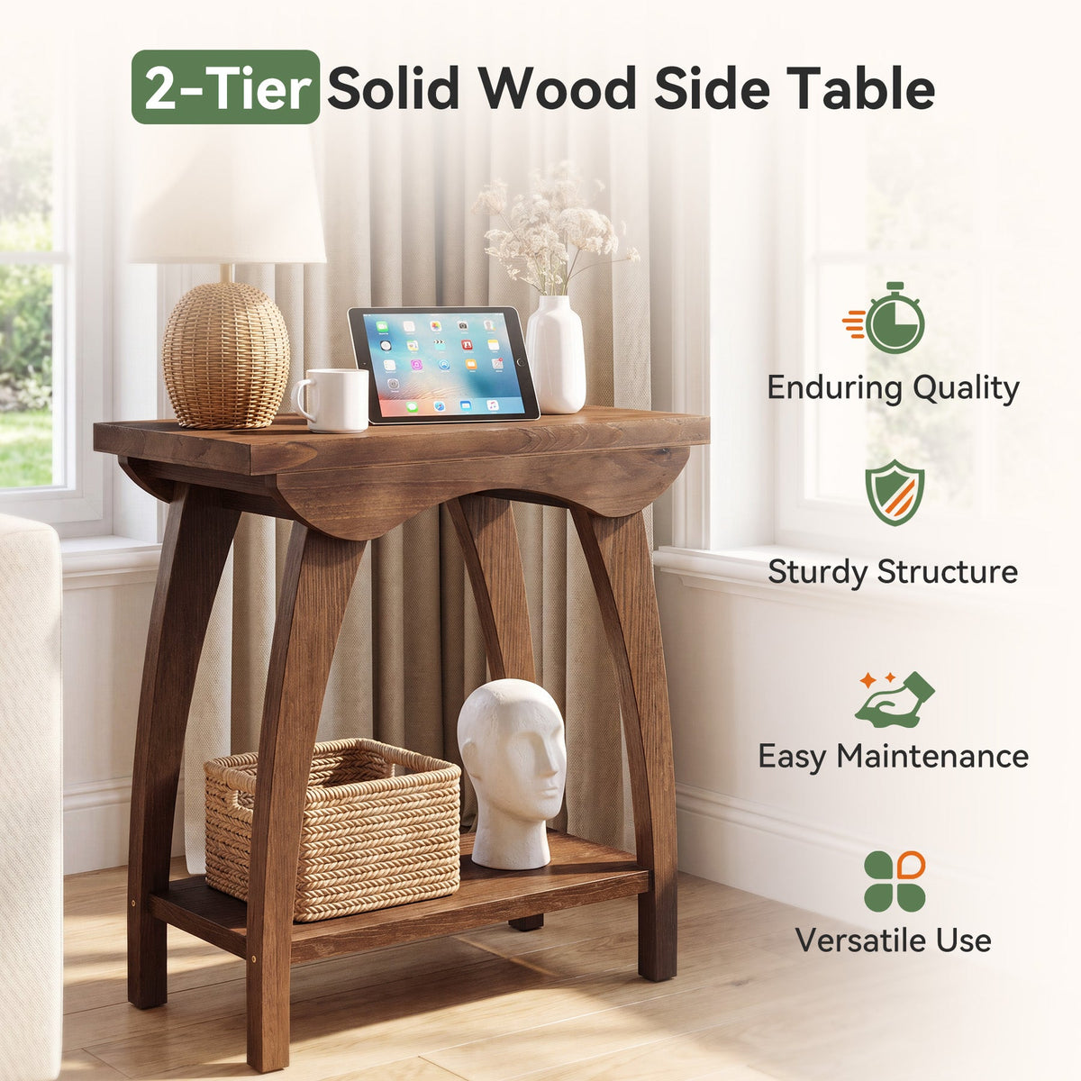 23.62-Inch Solid Wood End Table with Lower Shelf, Farmhouse Side Table for Living Room