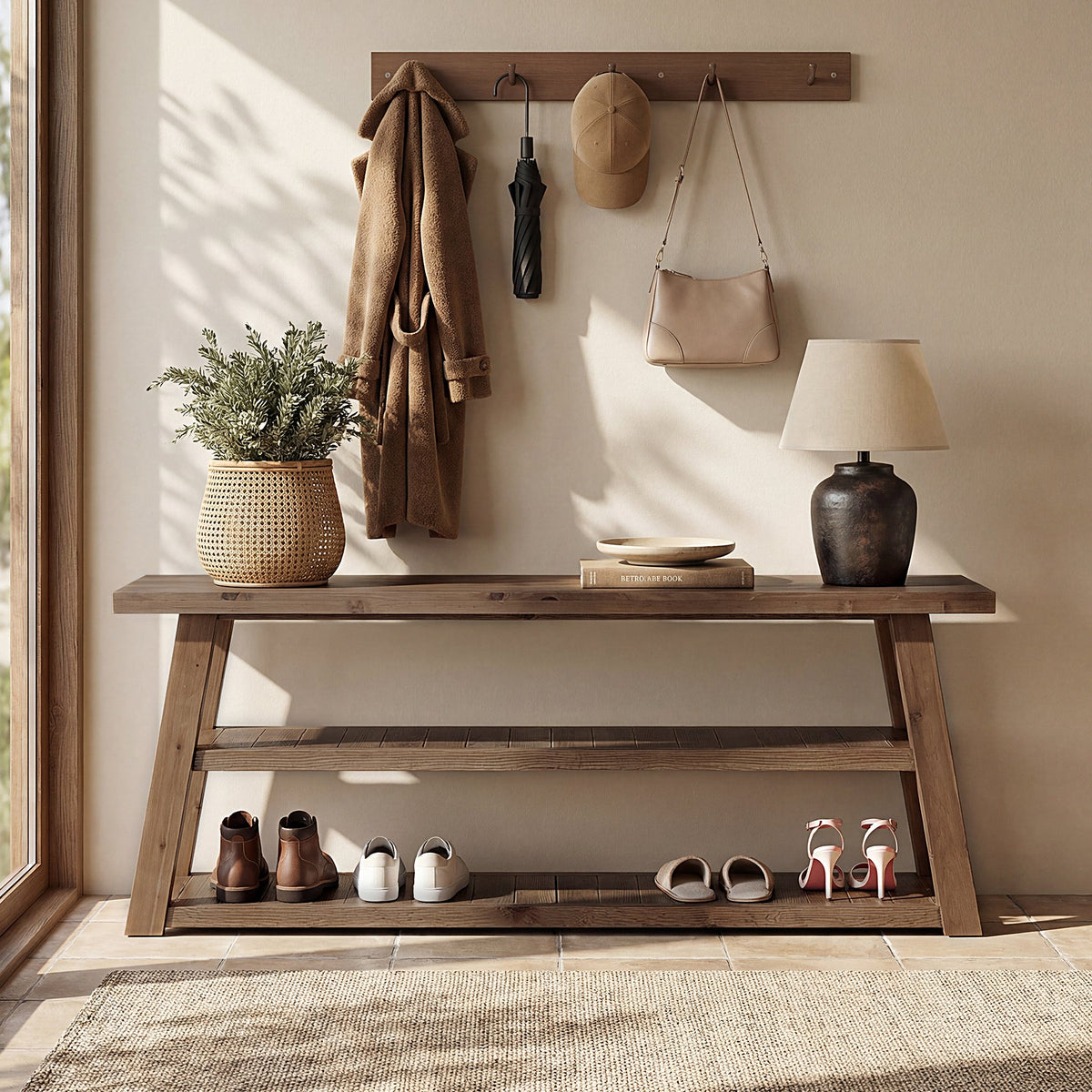 62.99 Inch Solid Wood Console Table with 3-Tier Shelves, Farmhouse Hallway Table