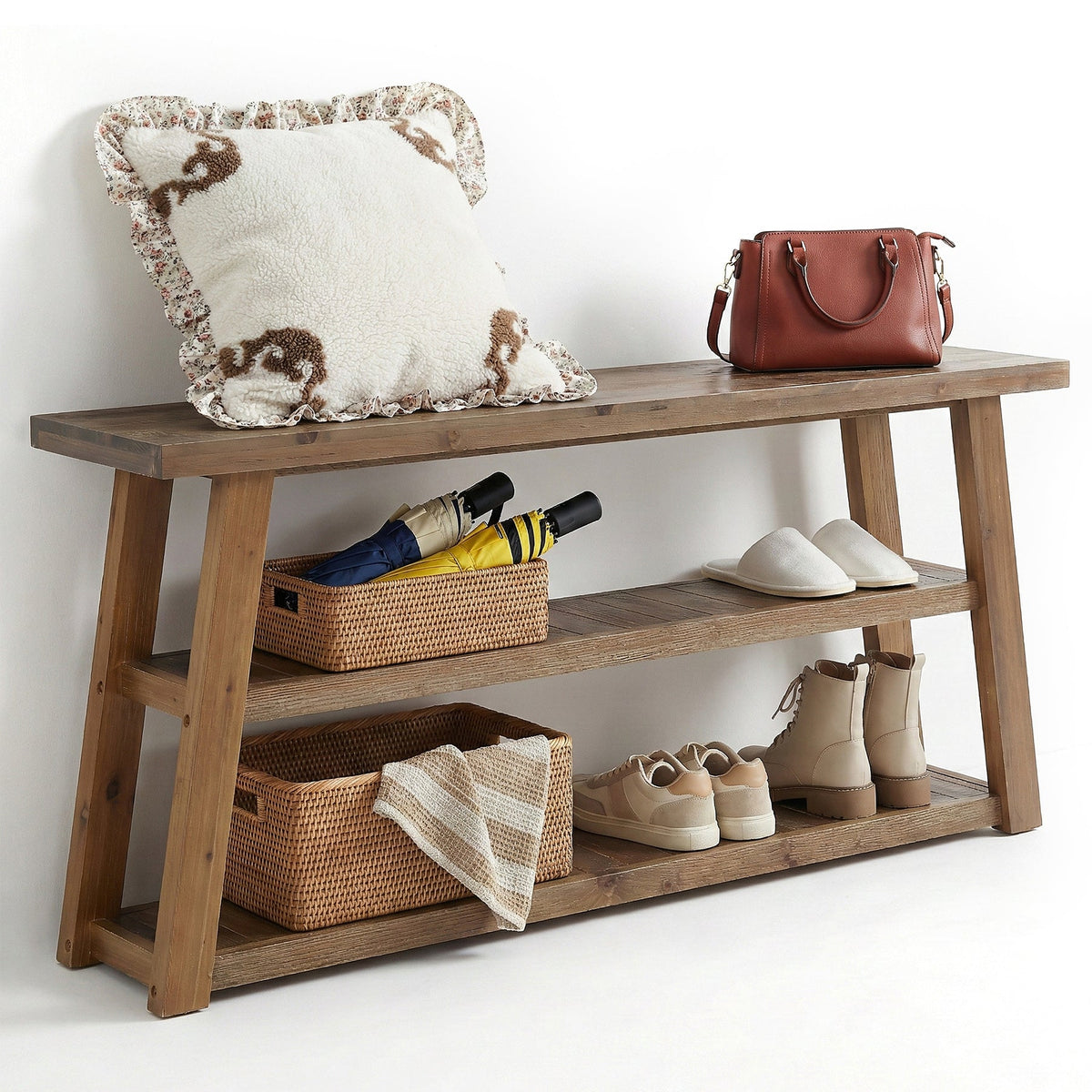 62.99 Inch Solid Wood Console Table with 3-Tier Shelves, Farmhouse Hallway Table
