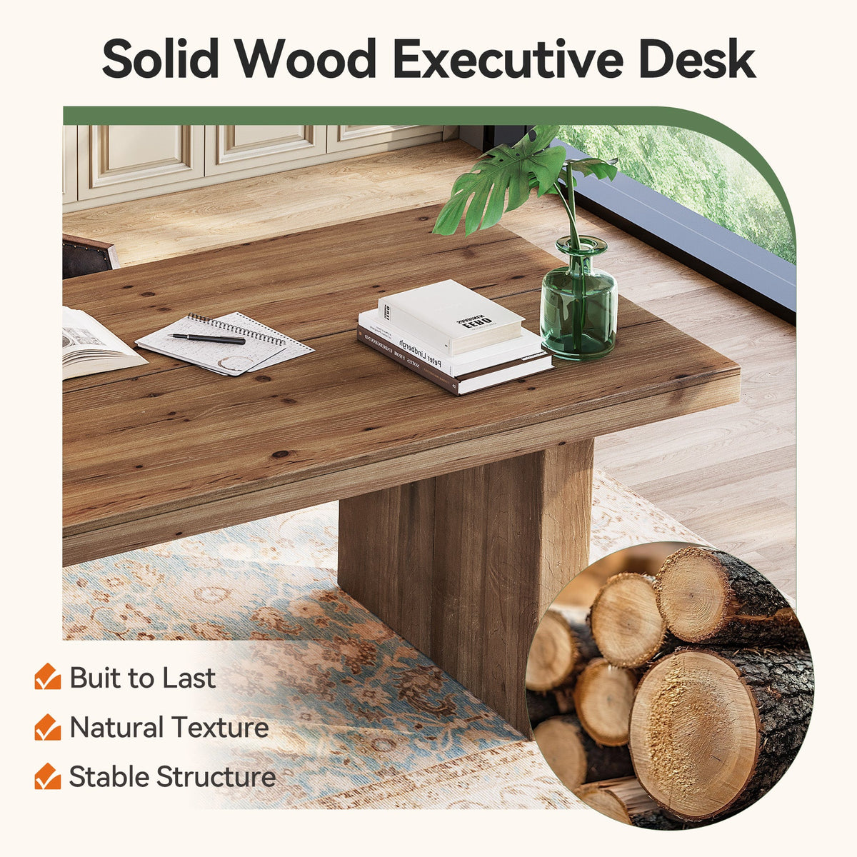 63-Inch Solid Wood Executive Desk with Spacious Tabletop and Sturdy Wooden Legs, Farmhouse Computer Desk for Home Office Study and Workstation