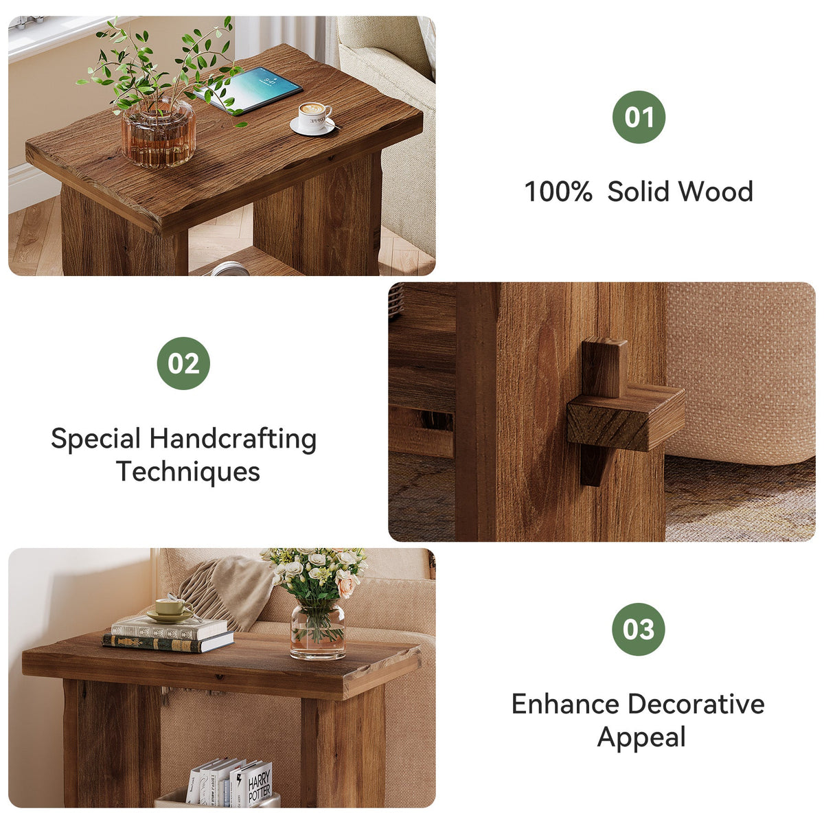 23.62 Inch Solid Wood Side Table with 2-Tier Storage, Farmhouse End Table for Bedroom
