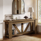 70.9-Inch Solid Wood Console Table with Triangular Base, 2-Tier Sofa Table for Hallway