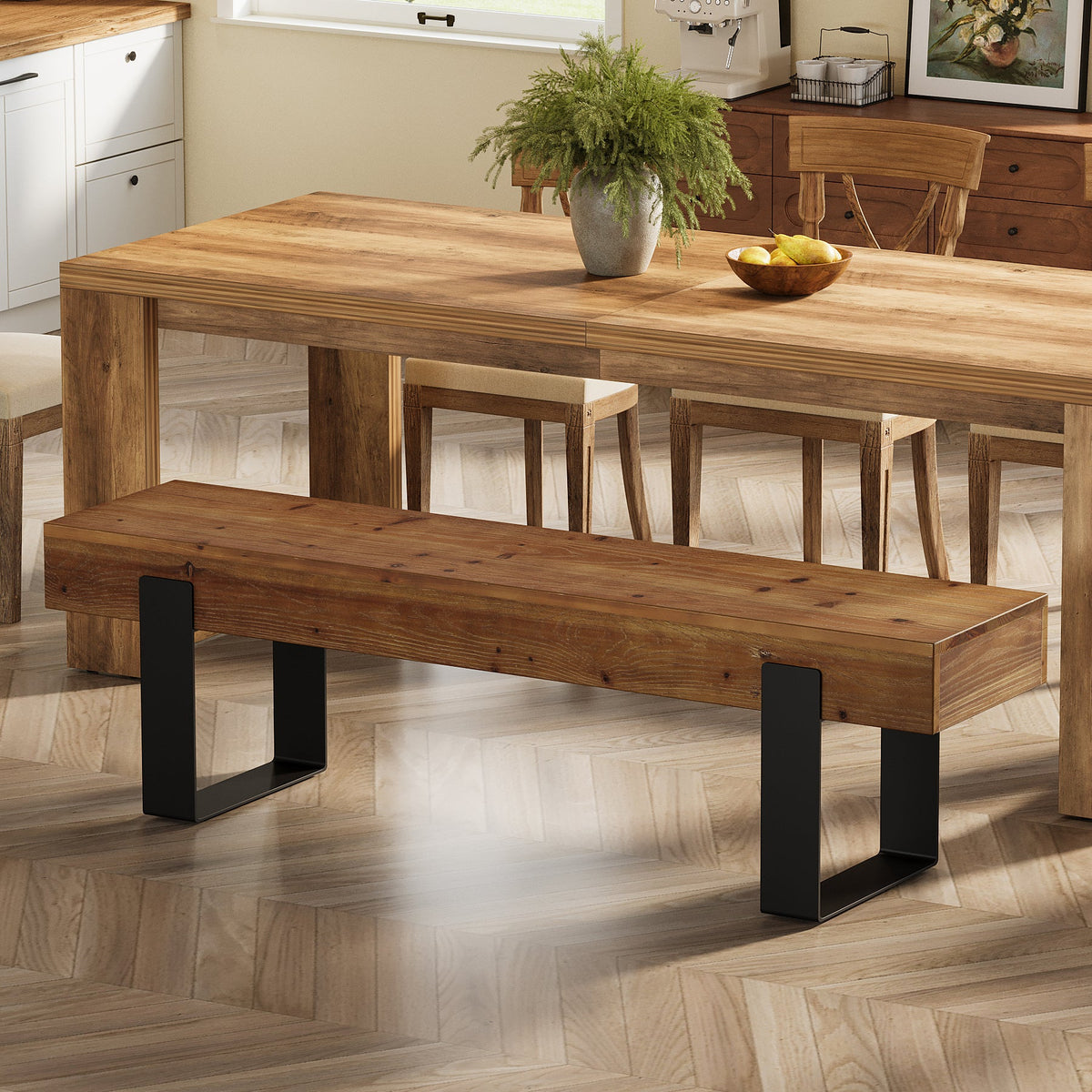 63-Inch Solid Wood Dining Bench, Farmhouse Kitchen Seat with Metal Legs for Dining Room