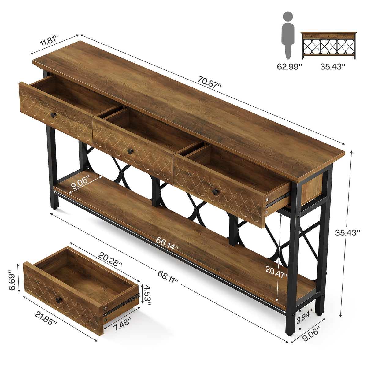 70.86-Inch Extra Long Console Table with 3 Drawers and Storage Shelf, Industrial Narrow Sofa Table for Living Room Entryway and Hallway