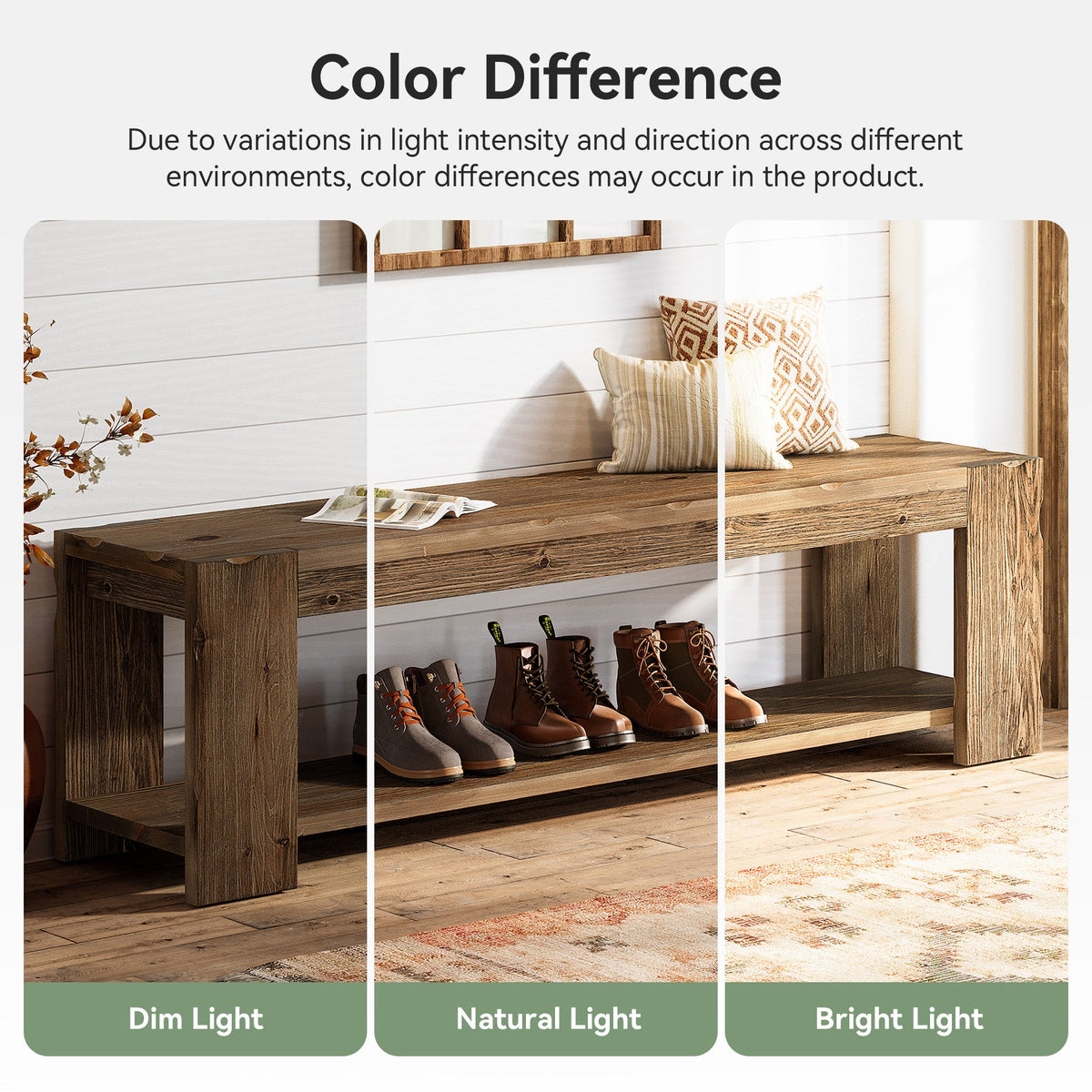 55.12 Inch Solid Wood Entryway Bench with Storage Shelf, Rustic Shoe Bench for Hallway