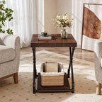 Solid Wood End Table with Storage Shelf and X-Shaped Legs, Small Wood Nightstand