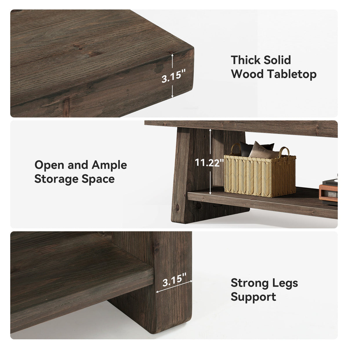 63-Inch Solid Wood Farmhouse Bench with 2-Tier Open Shoe Storage
