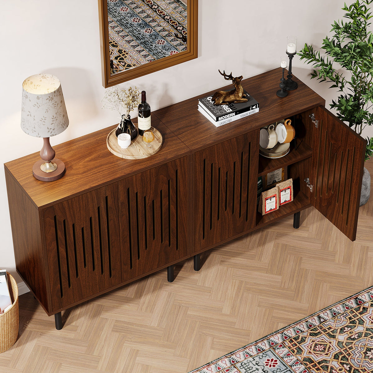 59-Inch Vintage Sideboard Buffet Set of 2 with Adjustable Shelves, Farmhouse Storage Cabinet for Kitchen Living Room and Hallway