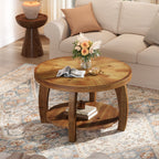 31.5-Inch Solid Wood Round Coffee Table, 2-Tier Center Table with Mosaic Pattern and Storage
