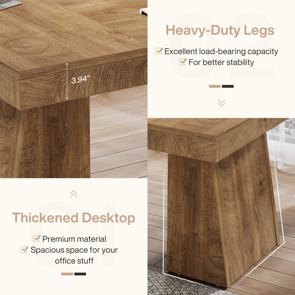 55-Inch Executive Desk, Large Wood Office Computer Desk with Double Pedestal#Colour_Light Brown