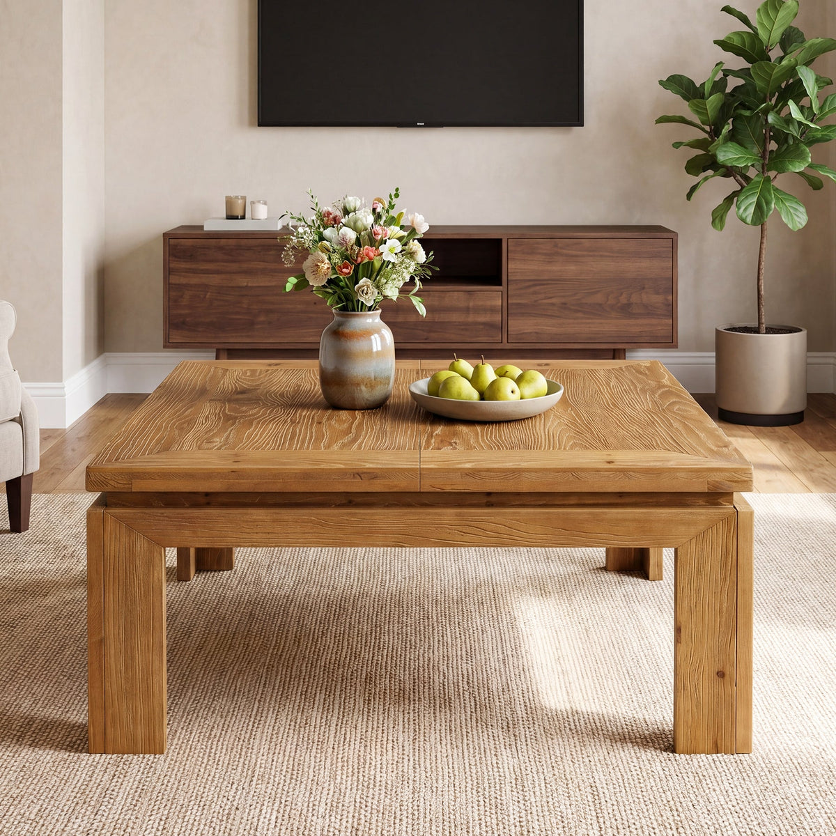 39.4-Inch Solid Wood Coffee Table with Recessed Edge, Square Farmhouse Center Table for Living Room