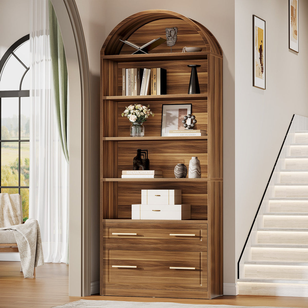 76.8-Inch Arched Bookcase with File Cabinet Drawer, 5-Tier Storage for Home Office