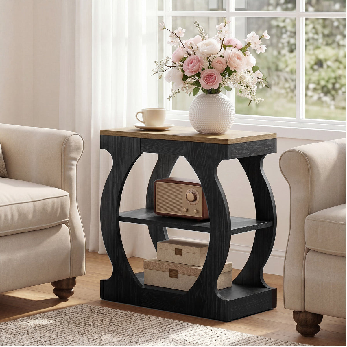 23.6 Inch Narrow End Table with 3-Tier Storage, Wooden Side Table with Curved Frame