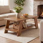 47-Inch Solid Wood Coffee Table with 2-Tier Storage, Farmhouse Rectangle Centre Table for Living Room