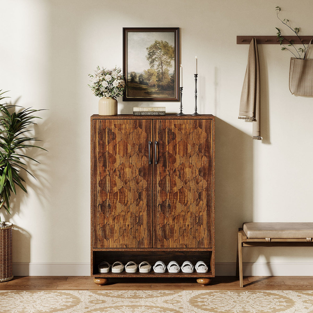 31.5-Inch Solid Wood Shoe Cabinet for Entryway, Farmhouse Tall Shoe Storage Cabinet with Doors and Adjustable Shelves for Hallway