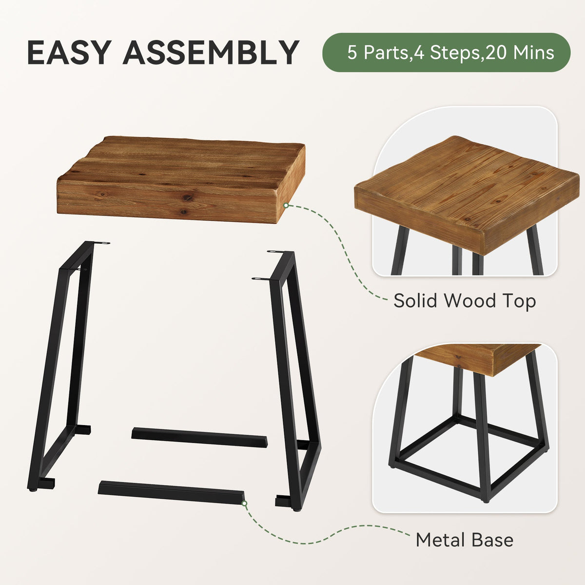 19.7 Inch Solid Wood Nightstand with Metal Frame, Industrial Square Bedside Table