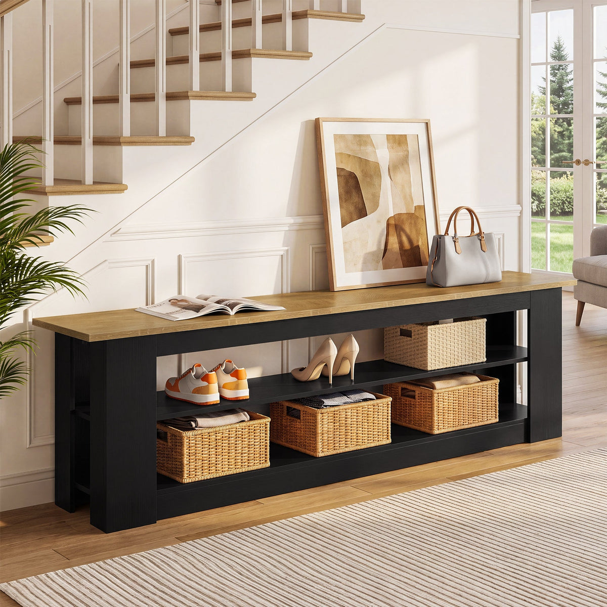 71-Inch Extra Long Shoe Storage Bench with 3-Tier Shelving, Farmhouse Entryway Seating
