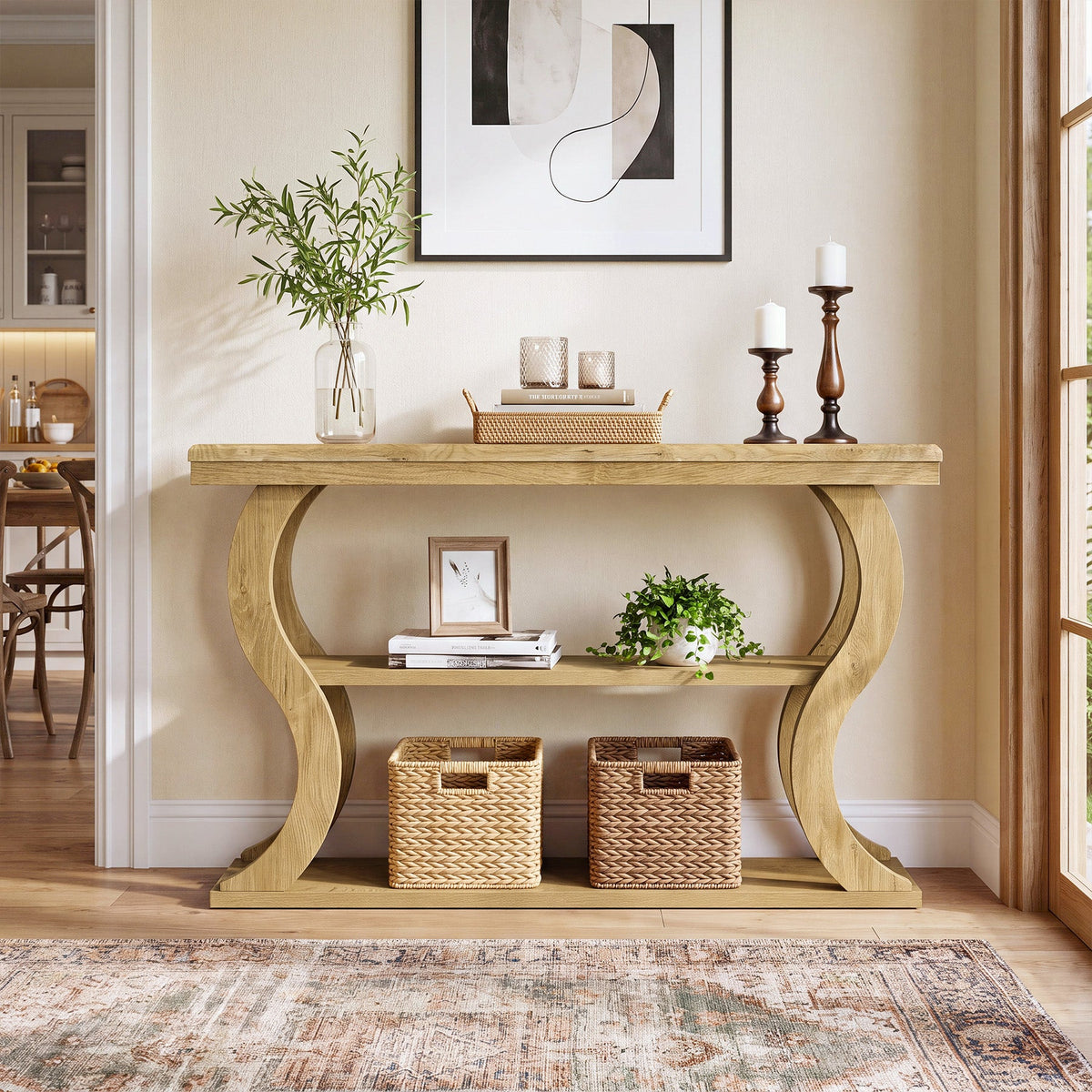 55 Inch Console Table with 3-Tier Storage, Farmhouse Hallway Table with Wave Legs